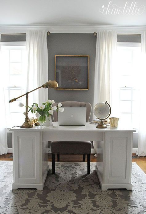 Pretty white office - like the curtains and lamp Jenni's Home - Home Office - Dear Lillie Studio Feminine Home Offices, Dear Lillie, Home Office Inspiration, Cozy Home Office, White Desk, Office Guest Room, Ikea Hackers, White Office, Small Home Office