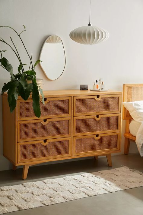 Marte 6-Drawer Dresser | Urban Outfitters Bedroom Dresser Styling, Rattan Drawers, Rattan Bedroom, Retro Dresser, Corner Storage Shelves, Tropical Bedrooms, House Bedroom, Wood Sofa, Apartment Furniture