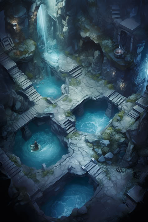 D&d Character Art Dungeons And Dragons, Dungeon Battle Map Dnd, Fantasy Dungeon Concept Art, Dnd Dungeon Ideas, Garden Battlemap, D&d Battle Maps, Dungeon Core, Dnd Dungeon Maps, Subterranean City