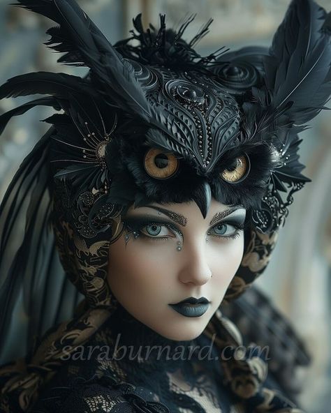 Owl Headpiece, Owl Costume, Black Owl, Gothic Fantasy Art, Alt Outfits, Black Wings, Face Photography, Printable Poster, Character Portraits