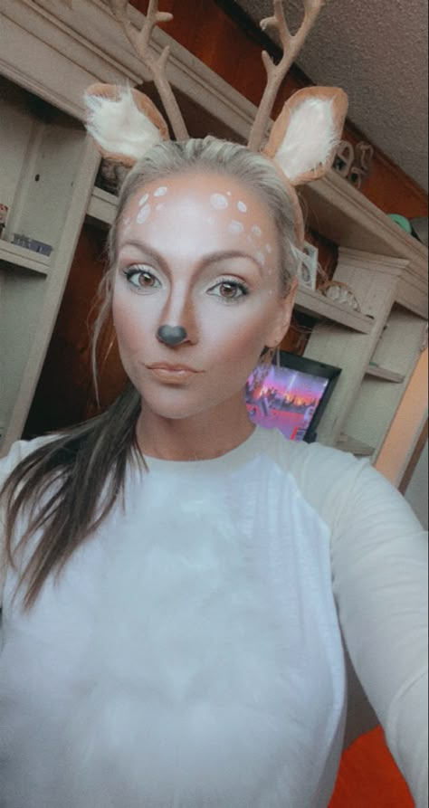 Deer costume Face paint Easy Deer Face Paint Halloween, White Deer Costume, Doe Deer Face Paint, Deer Face Paint Tutorial, Woodland Animal Face Paint, Easy Deer Face Paint, Easy Deer Costume Makeup, Moose Face Paint, Deer Face Paint Halloween