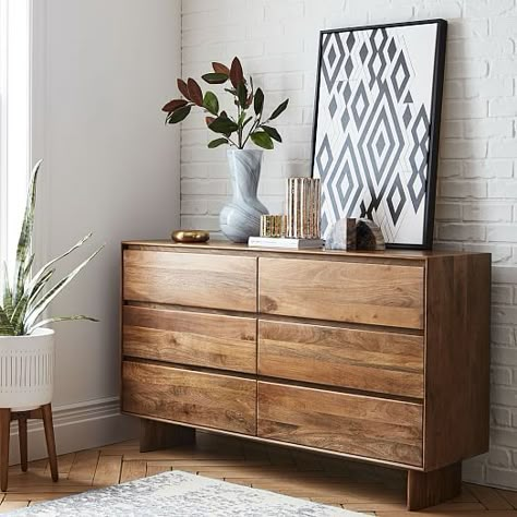 Decor For Chest Of Drawers, Solid Wood Chest Of Drawers, Drawer For Bedroom, Rustic Wood Dresser, Drawer Design Bedroom, Bedroom Drawers Ideas, Drawer Decoration, Chest Drawers Bedroom, West Elm Dresser