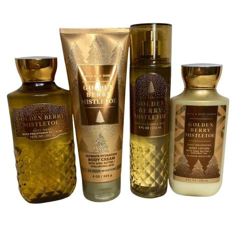 Bath And Body Works Golden Berry Mistletoe Shower 4 Piecer Set 10 Fl Oz Shower Gel 8 Fl Oz Body Lotion 8 Fl Oz Fragrance Mist 8 Oz Body Cream F506f507 Jasmine Body Wash, Golden Berry, Moisturizing Body Lotion, Body Shower, Body Cleanse, Glycerin Soap, Bath And Bodyworks, Body Exfoliator, Fragrance Mist