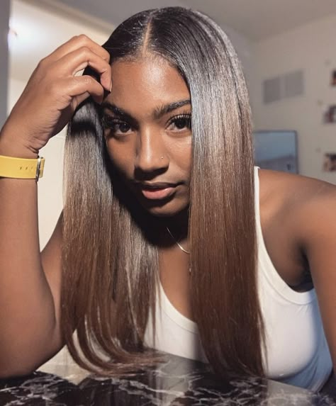 Dark Skin Brown Hair Highlights, Dearra Taylor Hair, Colored Straight Hair Black Women, Brown Quick Weave Black Women, Light Brown Sew In, Ash Brown Hair Black Women, Brown Hair On Dark Skin, Brown Hair Black Women, Hair Color For Dark Skin