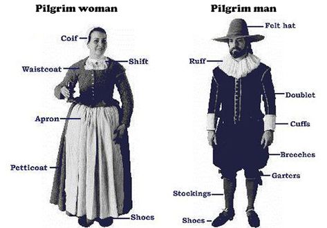 Shattering myths about the Pilgrim clothes. How did real outfit of American Pilgrims look like? - Nationalclothing.org Salt Costume, Pilgrim Dresses, Pilgrim Clothing, Clothes Dye, Puffy Shirt, Popular Clothing Styles, The Pilgrims, Garters And Stockings, Types Of Jeans