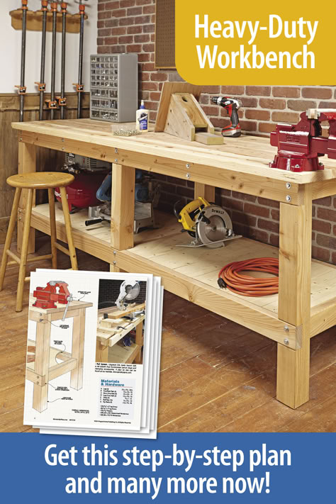 A basic, stable workbench is a must for every shop. Building this bench won’t break the bank, either. Simple Work Bench Diy, Diy Garage Tool Storage Work Benches, Work Bench Plans How To Build, Free Workbench Plans Diy, Build Work Bench, Stuff To Build With Wood, Diy Table Saw Workbench, Shop Loft Ideas, French Cleat Tool Holders