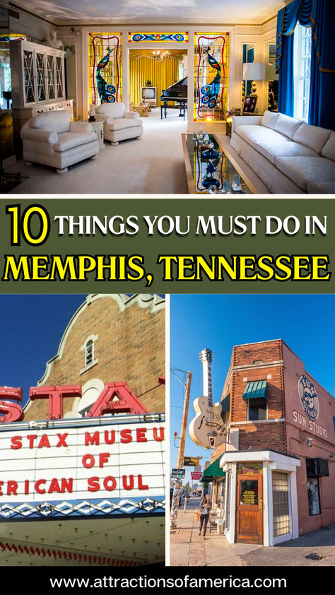 10 things you must do in Memphis, Tennessee with photos of Elvis Presley Graceland, Stax Museum of American Soul Music, and Sun Studio. Memphis Things To Do, Memphis Tennessee Things To Do, Things To Do In Memphis Tn, Memphis Vacation, Places To Visit In Tennessee, Memphis Travel, Tennessee Memphis, Things To Do In Memphis, Memphis Hotels