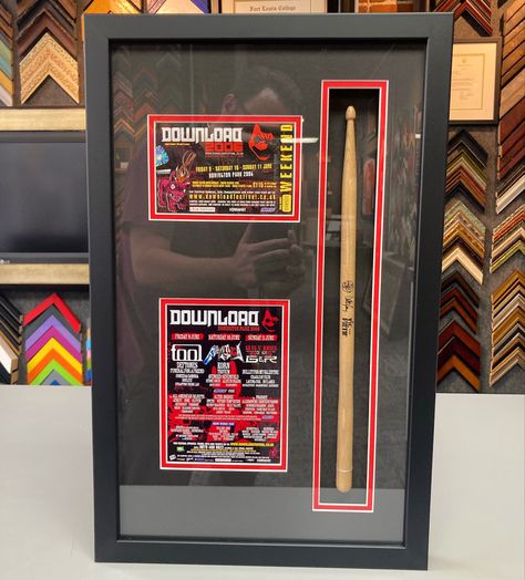 🥁Custom framed Danny Carey drumstick and mini-poster using acid-free materials and UV glass! #art #denver #colorado #pictureframing #customframing #5280customframing #tool #toolband #dannycarey #drummer Drum Stick Display, Danny Carey, Vinyl Frame, Memorabilia Display, Drum Room, Artist Ideas, Concert Ideas, Rock Band Posters, Vinyl Frames