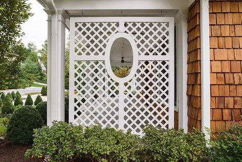 Porch Trellis, Porch Lattice, Cedar Trellis, Porch Privacy, Privacy Trellis, Beach House Garden, Lattice Patio, Front Porch Railings, Stacked Stone Walls