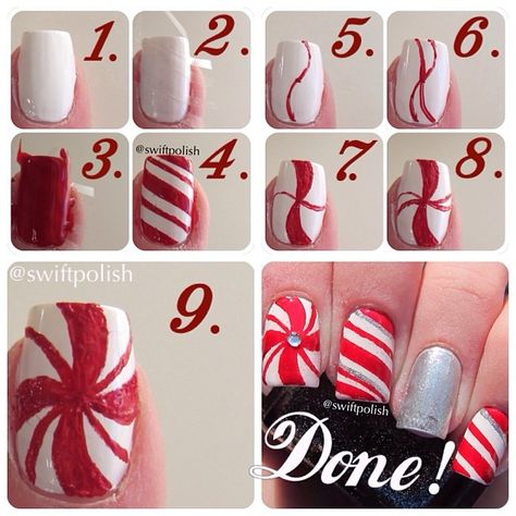 Peppermint Swirl Nails, Swirl Nails, Candy Cane Nails, Nails Tutorial, 25 Days Of Christmas, Disney Nails, Peppermint Candy, Art How, Nail Tutorials