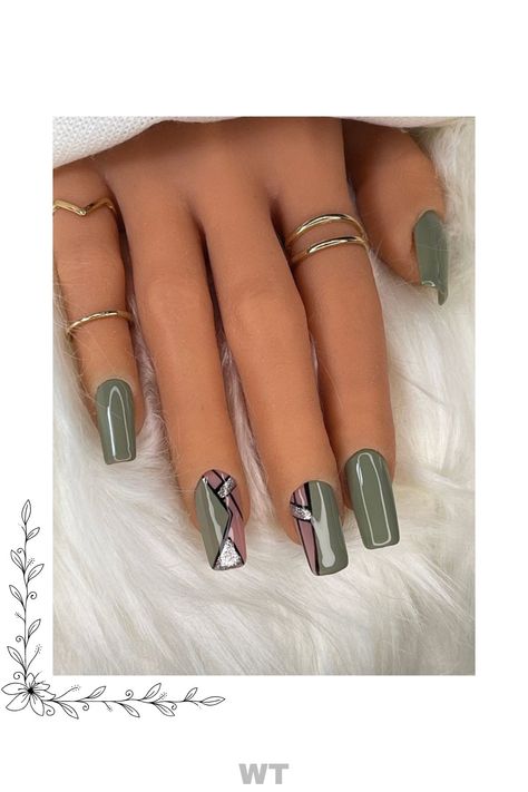 Olive Acrylic Nails Designs, Sage And Black Nails, Short Olive Green Nails Designs, Sage Nail Designs, Geometric Nail Art Designs, Green Nail Art Designs, Sage Green Nails, Message Text, Fancy Nails Designs