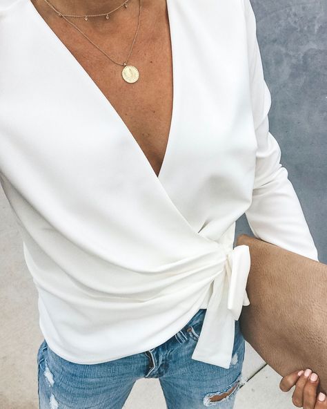 Greatest Love Wrap Blouse - White – VICI White Wrap Blouse Outfits, White Wrap Shirt Outfit, Chic White Wrap Top, Mens Dressy Casual Outfit, Wrap Shirt Outfit, Elegant White V-neck Blouse, Wrap Blouse Outfit, Chic White V-neck Wrap Top, White Fitted V-neck Wrap Top