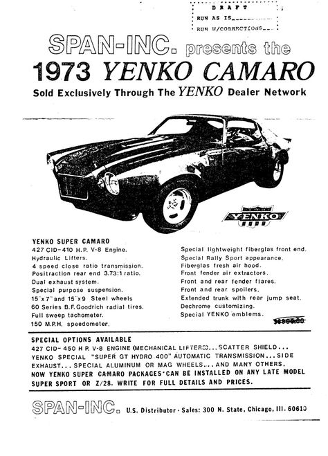 1973 Chevy Camaro Yenko Ad 1973 Chevy Truck, Muscle Car Ads, Yenko Camaro, 1970 Camaro, Chevy Dealerships, Camaro Iroc, Automobile Advertising, Automobile Engineering, Custom Chevy Trucks