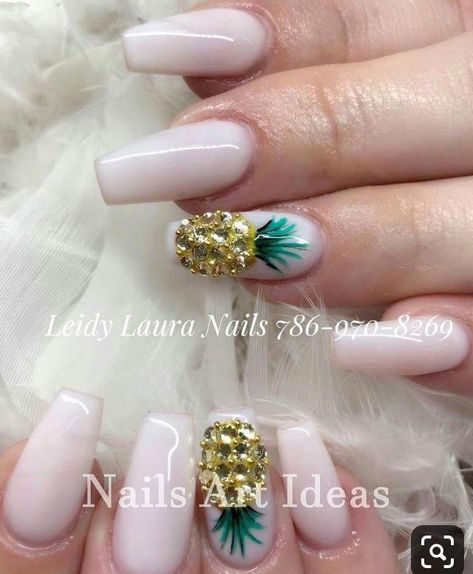 Bright Neon Acrylic Nails Short, Pineapple Nail Designs, Pineapple Nails Design, Fruit Nails Design, Hawaiian Nails Designs, Pineapple Nail Design, Hawaiian Nail Art, Classy Short Nails, Hawaiian Nails