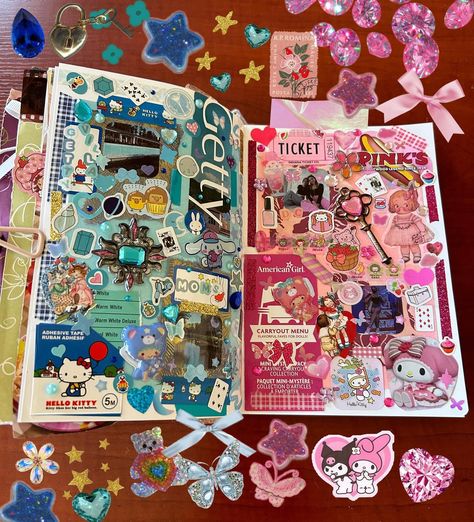 I've been in a funk for the past few days and focusing on painting so I'm not sure how I feel about these pages 😭 but I wanted to try making doing two monochrome-ish spreads so I went with the sparkly scrapbook paper I had in pink and blue! 🪼💘 #journaling #scrapbooking #collage #stickers #junkjournal #journal #scrapbook #trashjournal Things For Journal, Pink Junk Journal, How To Do Stickers, Sticker Journaling Ideas, How To Make Journal, How To Make A Collage, Aesthetic Diary Pages, Bujo Collage, Junk Journal Spreads