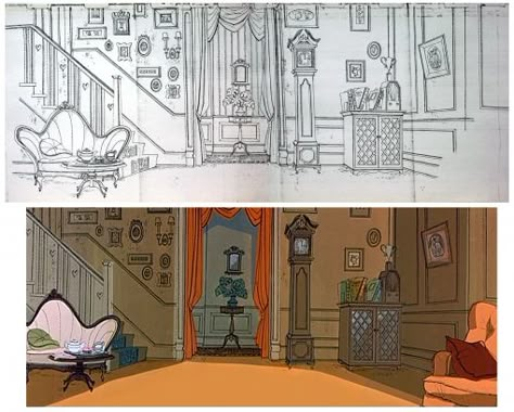 101 dalmations background sketch and painting Walt Peregoy, Concept Art Landscape, Background Sketch, Otto Schmidt, 101 Dalmations, Vis Dev, Disney Concept Art, Great Backgrounds, Art Disney