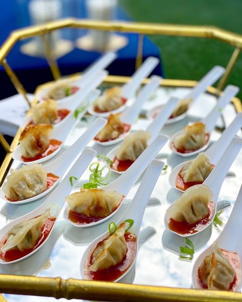 Petite Pot Stickers* - A Thyme Savor Japanese Hors D’oeuvres, Appertiser Ideas For Party, Asian Wedding Food Ideas, Garden Party Hors D'oeuvres, Cocktail Hour Horderves, Dumplings Wedding, Dim Sum Wedding, Spoon Appetizers Ideas, Passed Appetizers Wedding