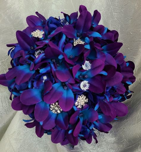 Galaxy Orchid Bridal Bouquet Purple Blue Bridal Bouquet - Etsy Royal Blue And Purple Centerpieces, Galaxy Themed Wedding Flowers, Plum And Royal Blue Wedding, Wedding Flowers Blue And Purple, Royal Blue And Royal Purple Wedding, Purple And Royal Blue Wedding, Royal Blue And Purple Wedding Theme, Blue And Purple Wedding Cake, Royal Blue And Purple Wedding