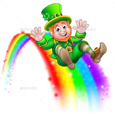 A cute St Patricks day leprechaun cartoon character sliding down a rainbow Leprechaun Rainbow, Ireland Party, Rainbow Wallpapers, St Patricks Day Leprechaun, St Patricks Day Pictures, St Patricks Day Wallpaper, St Patricks Day Clipart, Saint Patricks Day Art, St Patricks Crafts