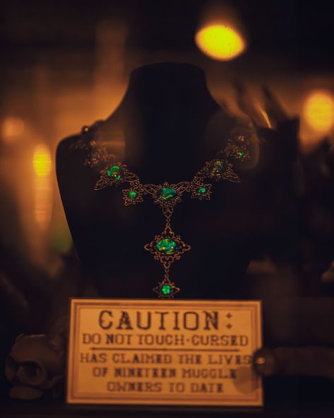 The cursed opal necklace… sitting in a glass cabinet in borgin and burkes in knockturn alley at universal Orlando 😮‍💨 ⠀ ⠀ #borginandburkes #cursednecklace #universalorlando #harrypotterphotography Harry Potter Cursed, Borgin And Burkes, Harry Potter Photography, Knockturn Alley, Harry Potter Curses, Hogwarts Outfits, Ministry Of Magic, Tom Riddle, Universal Orlando