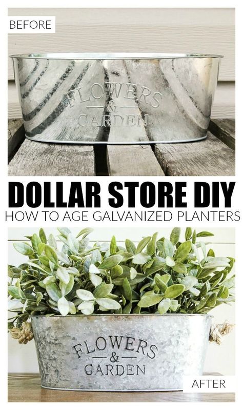 AFFORDABLE DOLLAR STORE TRANSFORMATION: How to Easily Age Inexpensive Galvanized Planters Vasos Vintage, Galvanized Planters, Desk Diy, Aging Metal, Dekor Diy, Décor Boho, Diy Farmhouse Decor, Funky Junk, Galvanized Metal