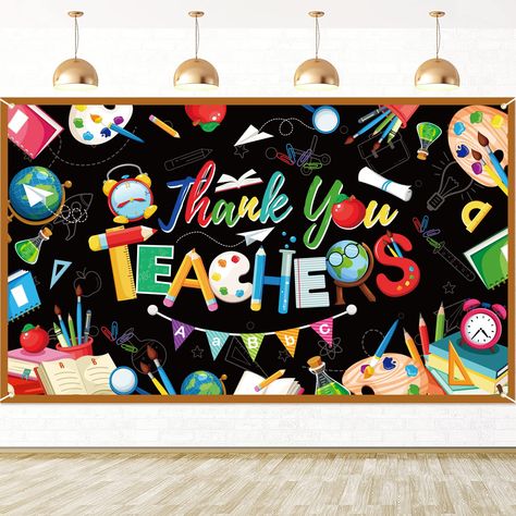 PRICES MAY VARY. Large Size & Easy to Hang: Teachers Appreciation Week Banner measures 185*110cm/ 72.8*43.3 inch, perfect as teachers day party photo background, come along with a 6m long ribbon, easy to hang on through the copper grommet! teacher appreciation backdrop banner can be hang on classroom, office, garden tree branch or front door as welcome sign, give teachers a big surprise! Create Teachers Appreciation Week Party Effect: Thank You Teacher Party Banner printed with colorful teaching Teachers Day Classroom Decoration, Teacher Themed Party Decorations, Teachers Day School Board Decoration, Teacher Celebration Ideas, Teacher Day Decoration, Happy Teachers Day Board Decoration, Teachers Day Banner, Teachers Day Banner Design, Teachers Day Blackboard Decoration