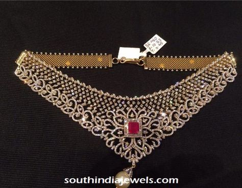 Diamond Choker with square ruby stone Premraj Shantilal Jain Jewellers, Diamond Jewlery, Latest Indian Jewellery, Diamond Circle Necklace, Necklace Ruby, Diamond Choker Necklace, Jewellery Diamond, Bold Necklace, Necklace Extender