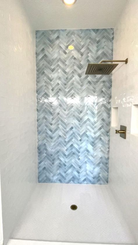 Shower Tile Combinations, Blue Herringbone Tile, Shower Tile Design, Tile Combinations, Blue Shower Tile, Blue Bathroom Tile, Shower Tile Ideas, Coastal Bathroom, Gold Fixtures