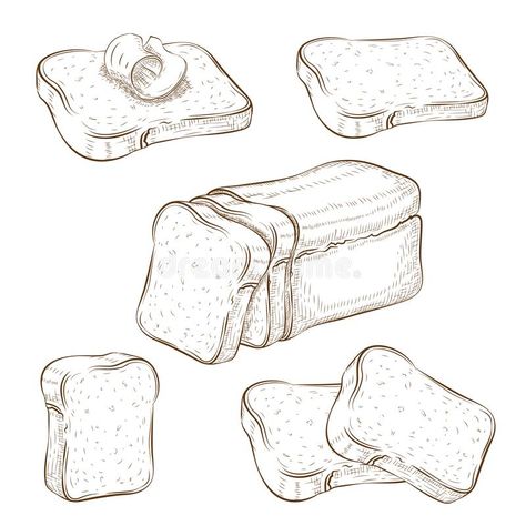 Set of drawn sliced bread and toasts illustration isolated on white. wheat rye or whole grain square loaf with various royalty free illustration Toast With Butter, Cheese Drawing, Bake Cheese, Recipe Book Design, Jam Toast, Butter Toast, Food Tattoos, Food Sketch, Sketch Tattoo Design