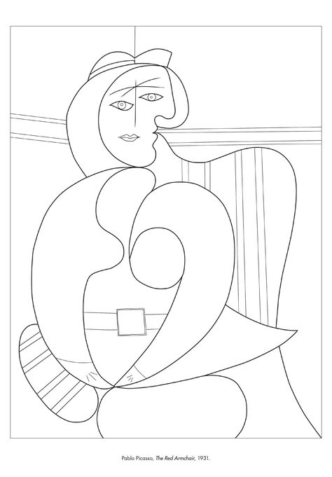 Coloring page of "The Red Armchair" by Pablo Picasso in Color the Classics from the Art Institute of Chicago and Sourcebooks Use #IColoredAClassic to share your new masterpiece! Picasso Coloring Pages, The Old Guitarist, Abstract Person, Heart Coloring Page, Picasso Sketches, Flower Colouring In, Coloring Adult, Women Logo, Pablo Picasso Paintings