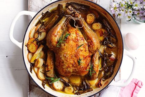 Nothing beats a good old classic roast chook - this one is delicious, healthy and only requires 10 minutes prep! Chicken And Leek Recipes, Chicken With Leeks, Pot Roast Chicken, Tarragon Recipes, Perfect Pot Roast, Classic Roast, Leek Recipes, Perfect Roast Chicken, Roast Chicken Recipes