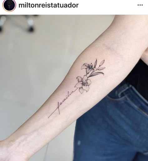 Lily Tattoo With Words, Under Wrist Tattoos For Women, Lily Wrist Tattoo, Flower Tattoo With Words As Stem, Lily Arm Tattoo, Lilly Flower Tattoo, Girl Spine Tattoos, Underarm Tattoo, Mum Tattoo