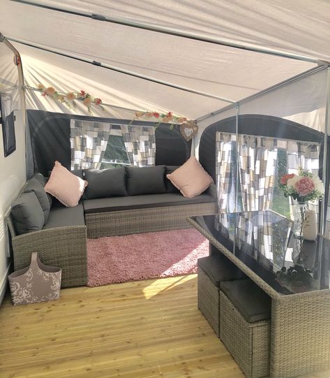 Our Caravan Awning 💗 #caravan #awning #interior #ideas #style Awning Decoration Ideas, Caravan Awning Set Up, Caravan Garden Ideas, Caravan Set Up, Small Caravan Interior Ideas, Caravan Awning Ideas, Caravan Awning Interior Ideas, Awning Caravan, Caravan Awning Interior