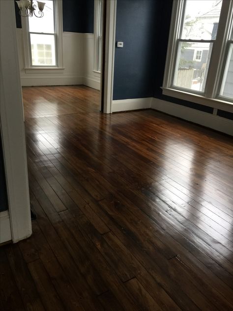 Dark Pine Floors, Old House Wood Floors, Pumpkin Pine Flooring, Wooden Floor Victorian House, Wooden Floor Bedroom, Old Pine Floors, Minwax Special Walnut, Victorian Pine Floorboards, Bedroom Wooden Floor