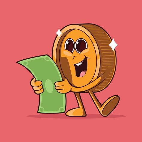 Coin character smiling holding paper money vector illustration. Currency, finance, money design concept. Money Illustration Graphics, Money Character, Money Vector Illustration, Coin Illustration, Money Vector, Money Illustration, Holding Paper, Money Logo, Money Poster