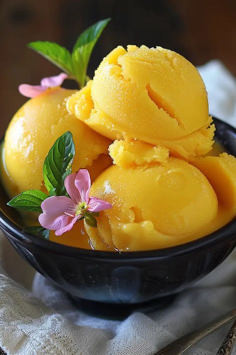 A refreshing and creamy sorbet made with fresh mangoes. Vegan Ice Cream Brands, Spiced Cashews, Tastiest Food, Peach Sangria, Mango Ice Cream, Mango Sorbet, Cashew Milk, Peach Slices, Easy Paleo