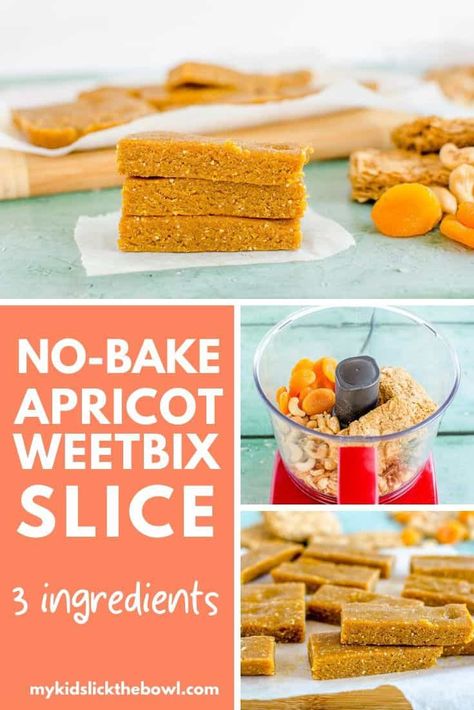 No bake apricot weetbix slice, easy 3 ingredient kid friendly recipe made with weetabix, or wheat biscuit breakfast cereal Weetbix Slice, Apricot Slice, Biscuit Breakfast, No Bake Slices, Slice Recipe, Slices Recipes, S'mores, Breakfast Cereal, 3 Ingredient