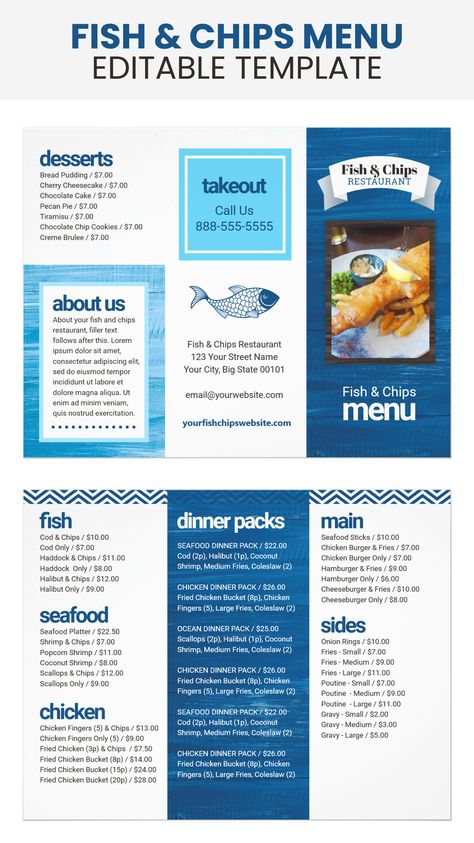 An attractive tri-fold brochure menu for restaurants that sell fish and chips, seafood, fried chicken, sides and dessert. This comes printed flat on both sides of paper, ready-to-fold. Use as a menu in your restaurant or as a takeout menu for your customers. Entire menu is able to be edited. A customizable takeout menu template. Fried Chicken Sides, Fish Fry Menu, Fish And Chips Menu, Seafood Sticks, Chicken Sides, Fish And Chips Restaurant, Food Truck Menu, Fish N Chips, Fish And Chip Shop