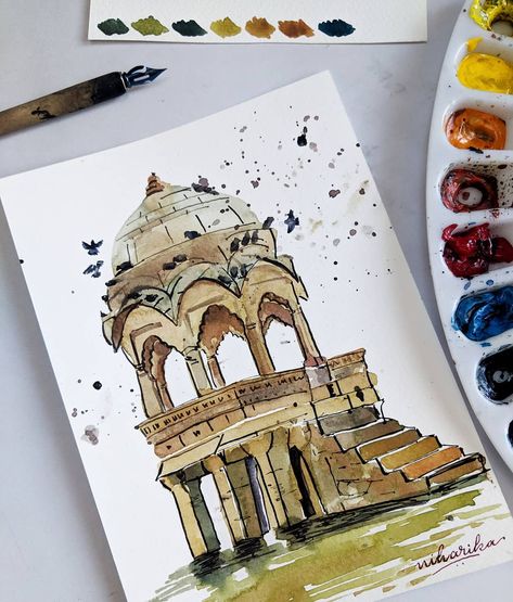 Day 18/100, Painting Gadisar Lake in Jaisalmer in watercolors and Ink! 😀 For my #the100daysoflandscapeart . #watercolors #inkandwatercolor Scrapbook Painting Art Journals, Jaisalmer Illustration, Quick Painting Ideas Simple, Gadisar Lake, Nurse Drawing, Easy Hand Drawings, Escher Art, Watercolor Indian, Animated Art