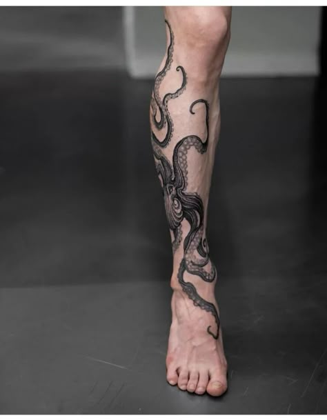 245+ Superior Kraken Tattoos Ideas (2023) - TattoosBoyGirl Calf Tattoo Men, Octopus Tattoo Sleeve, Kraken Tattoo, Squid Tattoo, Lower Leg Tattoos, Shin Tattoo, Octopus Tattoo Design, Octopus Tattoos, Stylish Tattoo