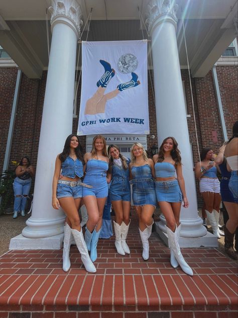 Jeans Sorority Theme, Soroity Girls Outfit, Sorority Theme Outfits, Country Sorority Theme, Denim Bid Day Theme, Denim Sorority Theme, Western Sorority Theme, Spirit Week Ideas Sorority, Work Week Ideas Sorority