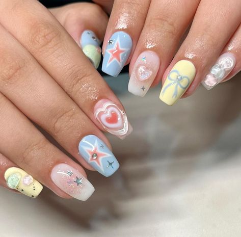 Credits to @/ wacky.studios on Instagram <3 Match Nails, Mix Match Nails, Pastel Bows, Star Nails, Pastel Nails, Heart Nails, Star Designs, Mix And Match, Mix Match