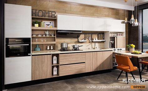 White and Wood Grain Melamine Straight-Line Kitchen PLCC18021- OPPEIN | The Largest Cabinetry Manufacturer in Asia Wet Kitchen Ideas, Line Kitchen Layout, Straight Line Kitchen, Small Kitchen Plans, Wet Kitchen, Line Kitchen, Simple Kitchen Cabinets, Custom Kitchen Remodel, One Wall Kitchen