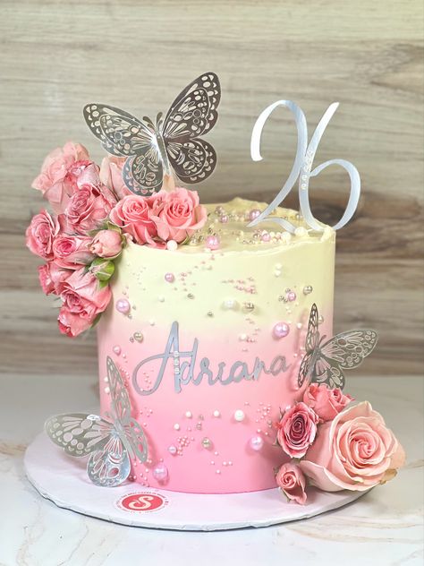 Butterfly Cake Ideas Birthdays Beautiful, Pink Colour Cake, Rose Design Cake, Butterfly Cake Design, Pink And White Cake, Flower Cake Design, Cake Designs For Girl, Purple Cakes Birthday, Small Birthday Cakes