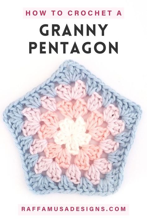 a crochet granny stitch pentagon made in multiple yarn colors Granny Pentagon, Granny Square Blankets, Classic Granny Square, Crochet Granny Stitch, Granny Square Crochet Patterns Free, Crochet Granny Square Blanket, Crochet Hexagon, Crochet Granny Square, Learn How To Crochet