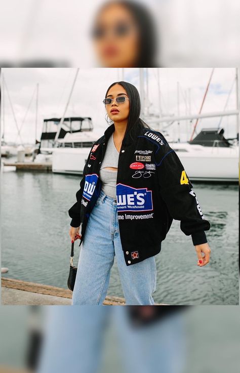 Ms.Crisssy on Instagram: “Follow my tiktok: https://vm.tiktok.com/t18YMq/” Race Car Jackets, Trendy Graphic Design, Hip Hop Jacket, Racing Jackets, Zipper Cardigan, Motorcycle Suit, Vintage Trends, Zippered Cardigan, Jackets Women