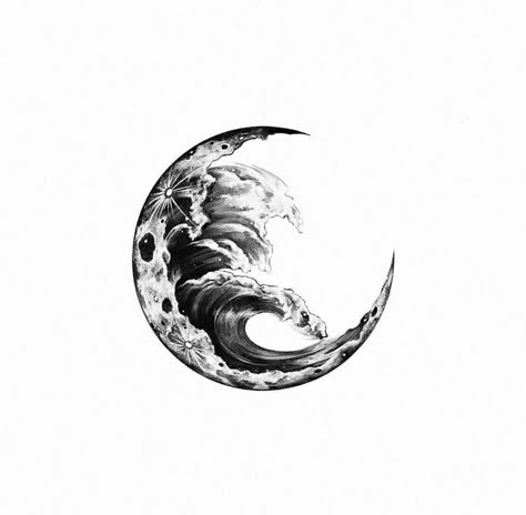 Half A Moon Tattoo, Ocean Chest Tattoo Female, Ocean Moon Tattoo, Moon Ocean Tattoo, Wave Moon Tattoo, Moon And Ocean Tattoo, Half Moon Tattoo, Sky Tattoos, Whale Tattoos