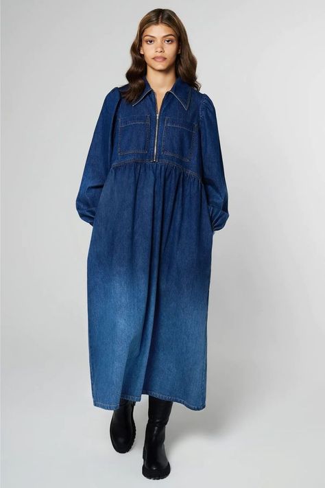 Denim Dress Outfit Fall, Denim Dress Outfit, Sustainable Denim, Fashion Top Outfits, Denim Midi Dress, Beautiful Maxi Dresses, All Too Well, Fall Dress Outfit, Zip Collar