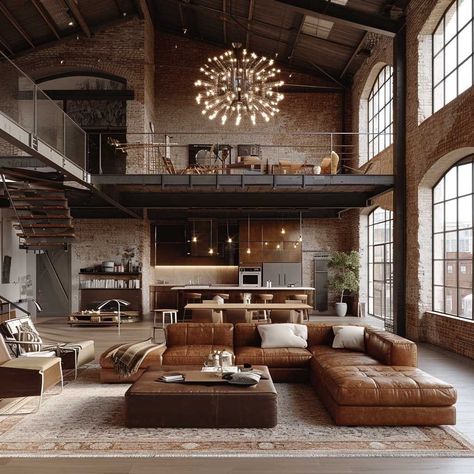 564146290838868597-pin-image Modern industrial loft with large windows, brown leather sectional sofa, open kitchen, lofted bedroom, and statement chandelier. | Sky Rye Design Luxe Interior Design, Loft Apartment Industrial, Industrial Luxe, Masculine Living Rooms, Industrial Loft Design, Industrial Glam, Warehouse Living, Loft House Design, Industrial Style Interior