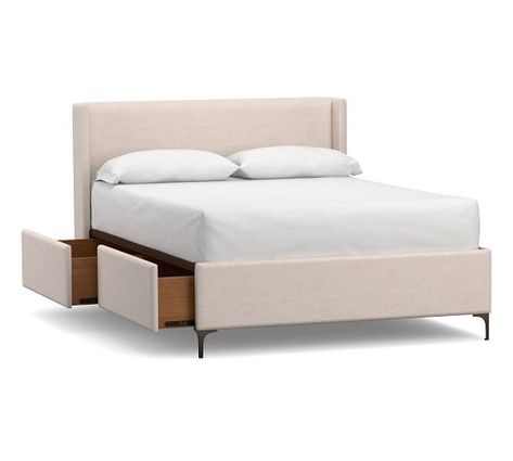 Beds | Full, Queen and King Beds & Bed Frames | Pottery Barn Construction Bedding, Low Headboard, Tufted Upholstered Bed, Upholstered Storage Bed, King Storage Bed, Storage Platform Bed, Tall Headboard, Storage Platform, Tufted Headboard